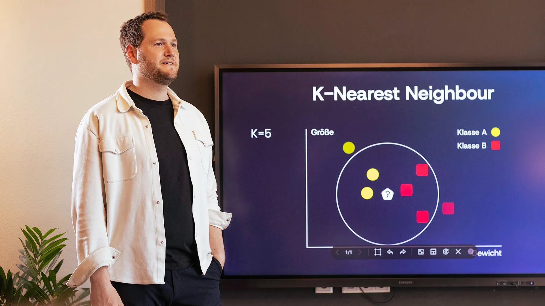 Dozent vor einem Bildschirm mit einer Folie zum K-Nearest-Neighbour-Verfahren