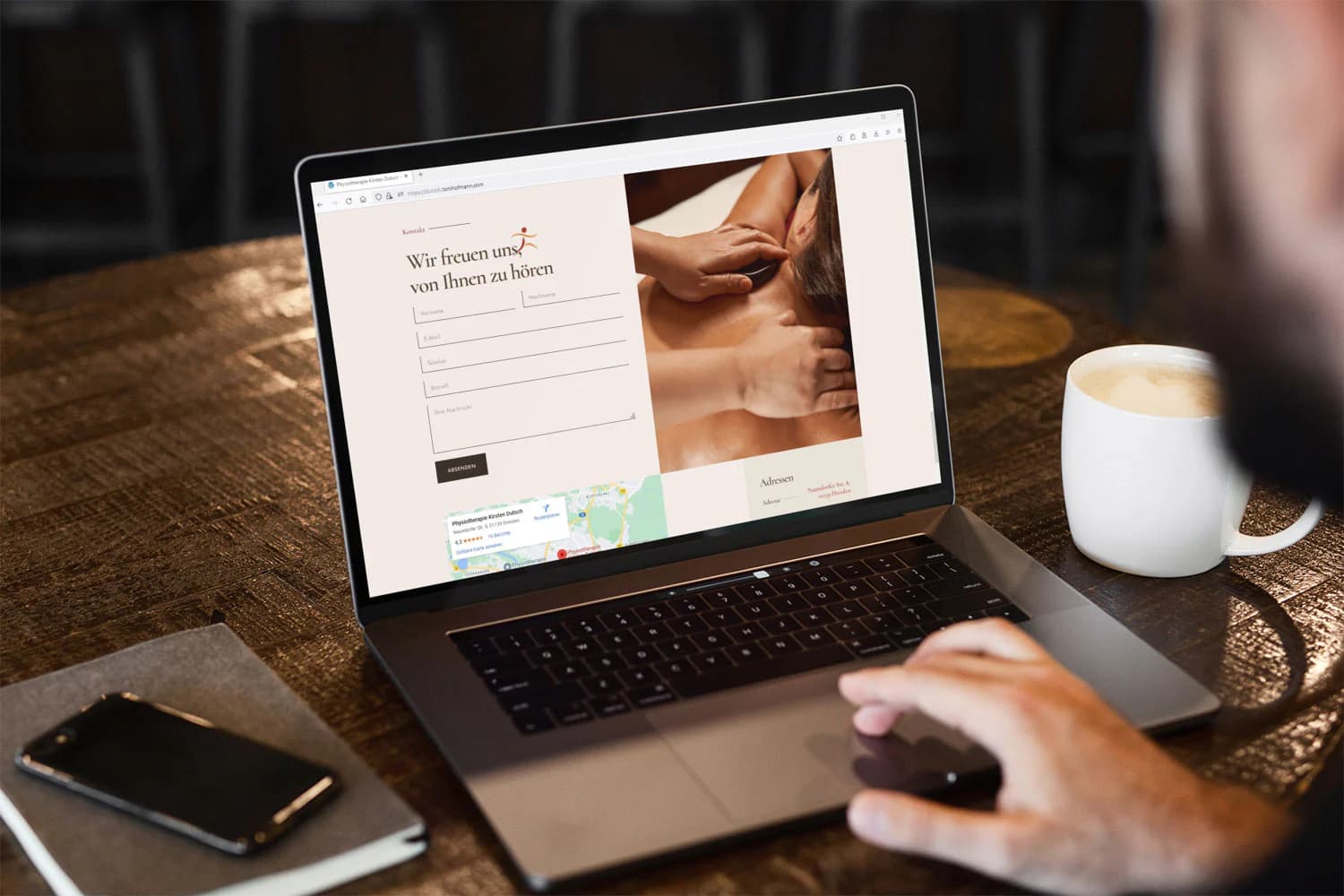 Kontaktbereich der Desktop-Website von Physiotherapie Dutsch