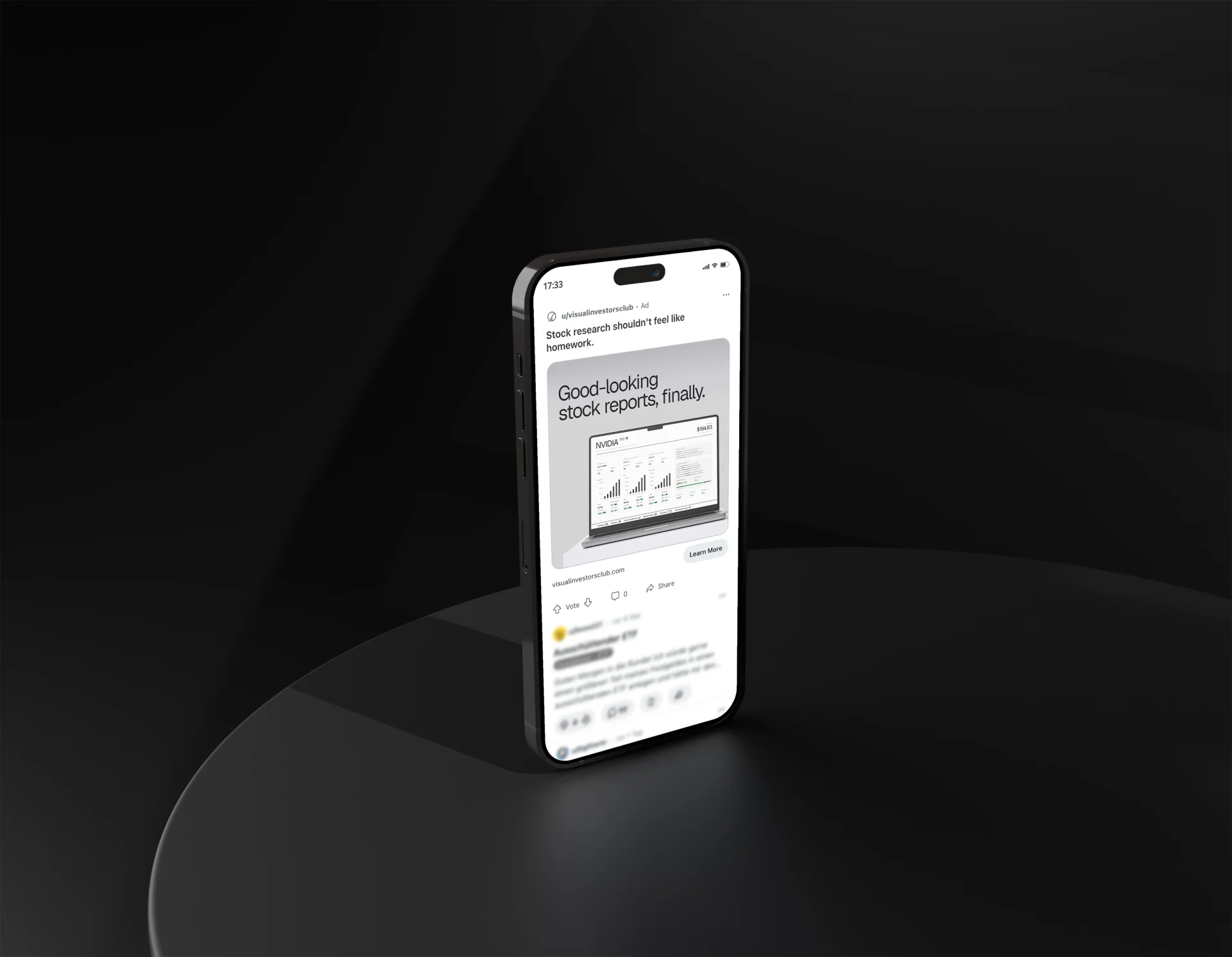 Reddit-Anzeige für Visual Investors Club auf einem Smartphone