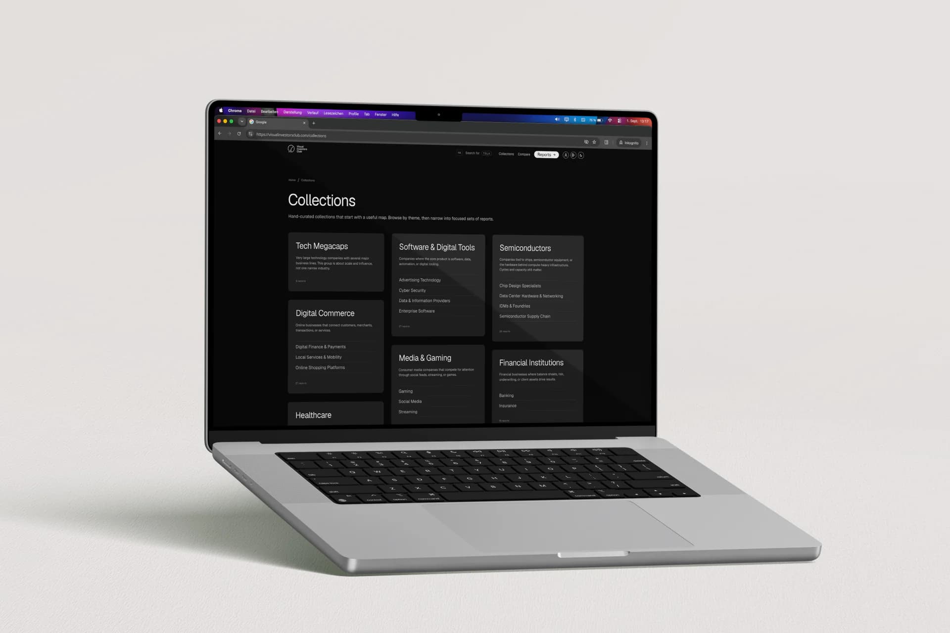 Kuratierte Aktiensammlungen von Visual Investors Club auf einem Laptop