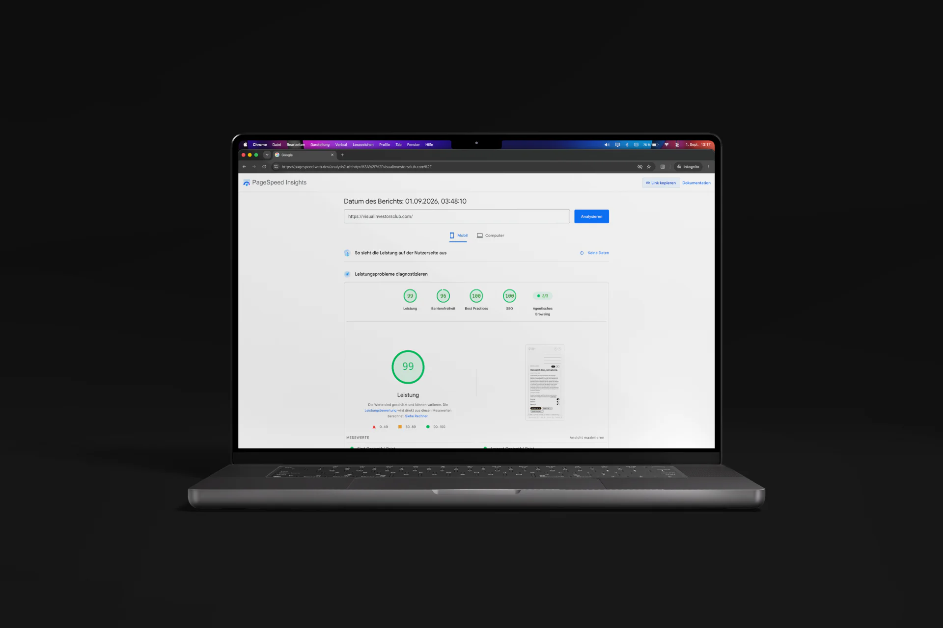 Mobiler PageSpeed-Bericht für Visual Investors Club auf einem Laptop