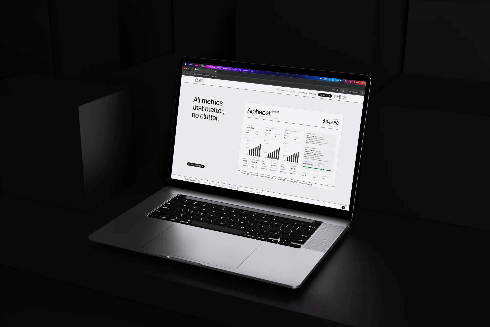Report-Showcase auf der Startseite von Visual Investors Club auf einem Laptop